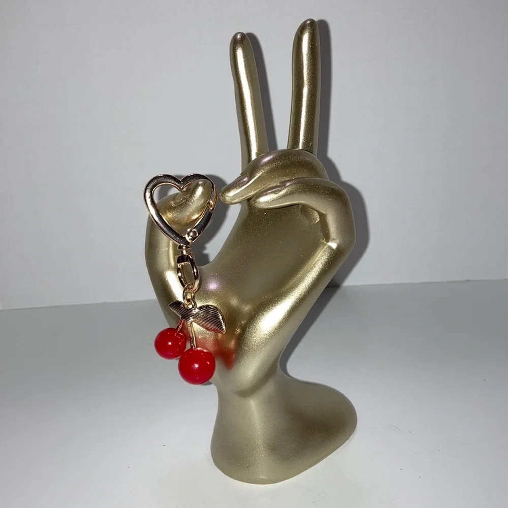 Gold-tone Red Cherry Keychain or Bag Charm on Swivel Heart Clip -New - Picture 4 of 4